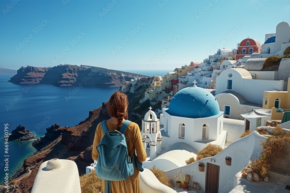 Young female tourist backpacker travelling aroung the world. Travel Destination - Santorini, Greece