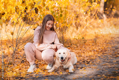 Wallpaper Mural A girl in an autumn park walks with a golden retriever dog. There are a lot of fallen autumn leaves around. A river flows in the background. Torontodigital.ca