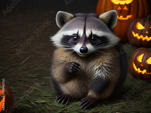 A photograph of a raccoon celebrating Halloween