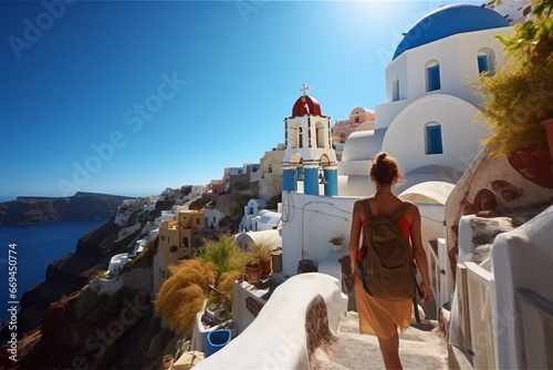 Young female tourist backpacker travelling aroung the world. Travel Destination - Santorini, Greece