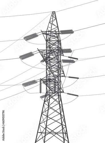 High voltage transmission systems. Electric pole. Power lines. A network of interconnected electrical. Energy pylons. City electricity infrastructure. Gray otlines on white background. Vector design