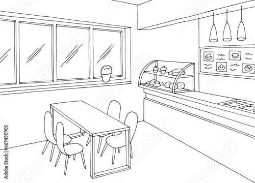 School canteen interior fast food court graphic black white sketch illustration vector