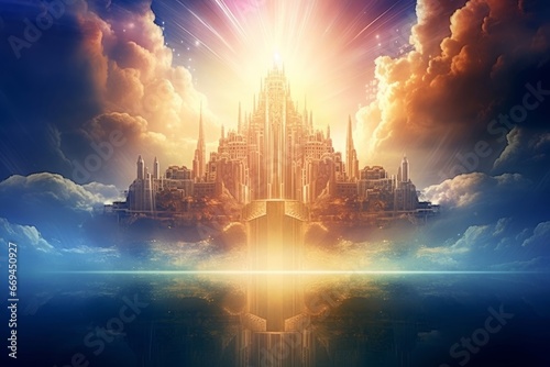 abstract new city in heaven, paradise city, afterlife, symbol of christianity, Generative AI