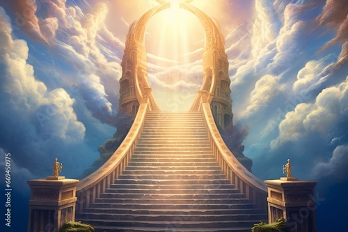 stairway to heaven in glory, gates of Paradise, meeting God, symbol of Christianity, Generative AI