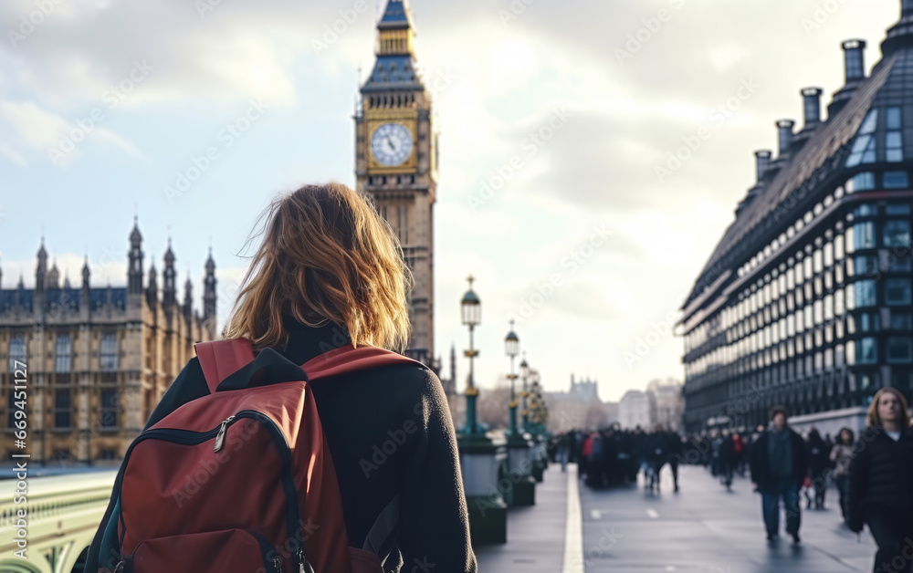 Obraz premium Young female tourist backpacker travelling aroung the world. Travel Destination - London, Great Britain