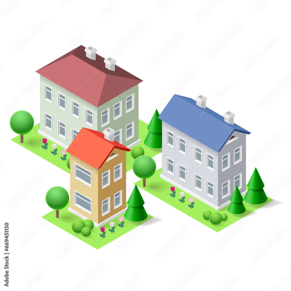 A colorful isometric icon featuring three vibrant buildings stands out amidst a green landscape with trees, flowers, and grass on white backdrop. Ideal for real estate or home concept designs