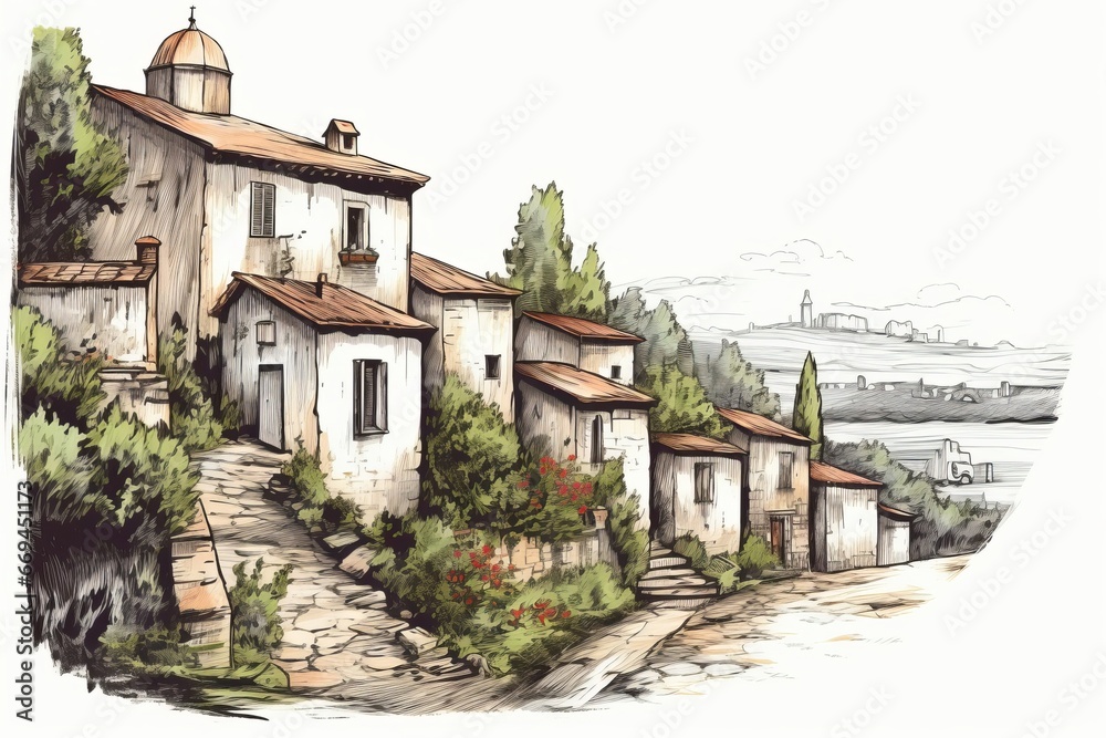 beautiful old, vintage street in a rural village, old architecture, travel around europe landscape hand drawn  illustration sketch, Generative AI