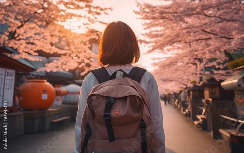 Young female tourist backpacker travelling aroung the world. Travel Destination - Tokyo, Japan