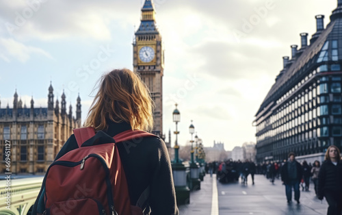 Young female tourist backpacker travelling aroung the world. Travel Destination - London, Great Britain