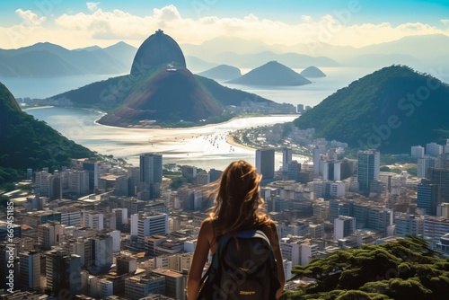 Young female tourist backpacker travelling aroung the world. Travel Destination - Rio De Janeiro, Brasil photo