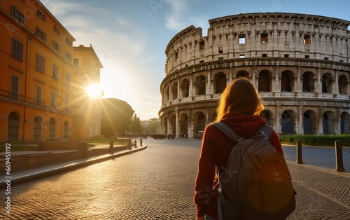 Young female tourist backpacker travelling aroung the world. Travel Destination - Rome, Italy