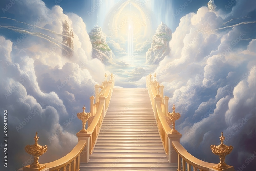 stairway to heaven in glory, gates of Paradise, meeting God, symbol of Christianity, Generative AI - obrazy, fototapety, plakaty 