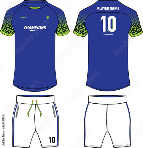 Sports jersey t shirt and shorts kit design flat sketch illustration, jaguar print pattern Raglan Round neck football jersey concept with front and back view for Cricket, soccer, Volleyball uniform