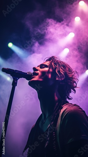 A tight shot of the singer's ecstatic expression while singing with intense emotion