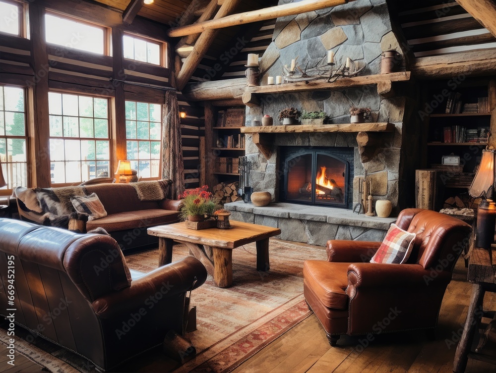 Cozy living room. Luxurious country house with panoramic windows and a burning fireplace.