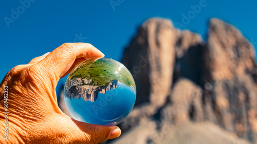 Canvas Print Crystal ball alpine summer landscape shot at Groedner Joch pass, Passo Gardena,