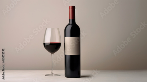 Red wine bottle with a glass on a simple gray empty background