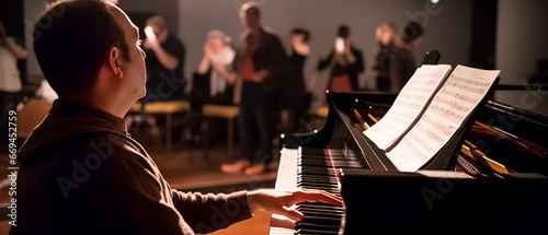 The man accompanist accompanies the piano under the lighting of the lamps, in the background there are people, actors, dancers.