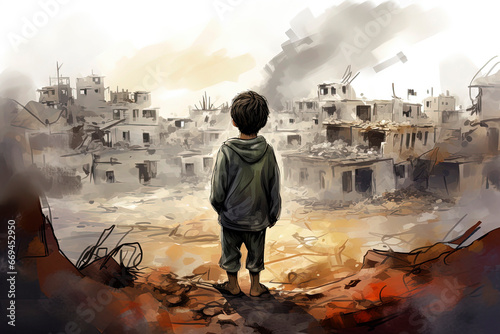 Generative AI illustration of a sad and crying Palestinian boy photo