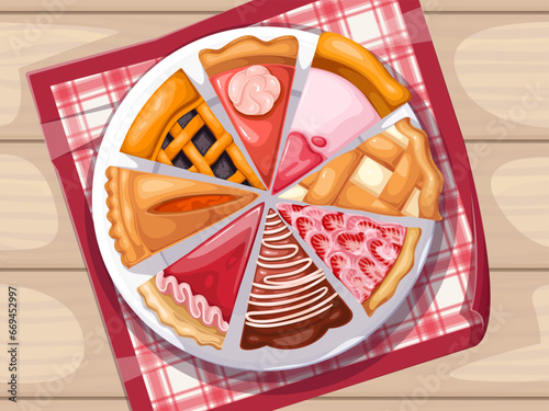 Pie slices on plate, top view vector illustration. Cartoon tray on wooden kitchen table with textile napkin and different pieces of fruit homemade sweet pies for dessert, candy dish set for eating