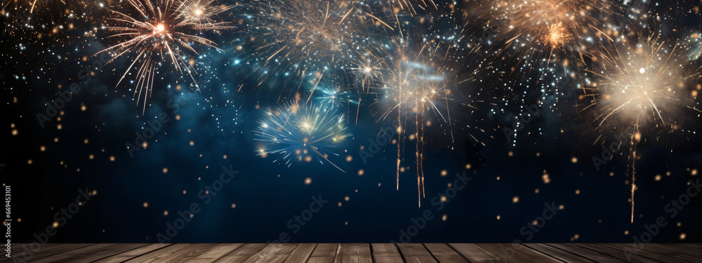 Silvester 2024 party New year Fireworks Firework background banner panorama long - sparklers and bokeh lights on rustic black wooden texture, with space for text - obrazy, fototapety, plakaty 