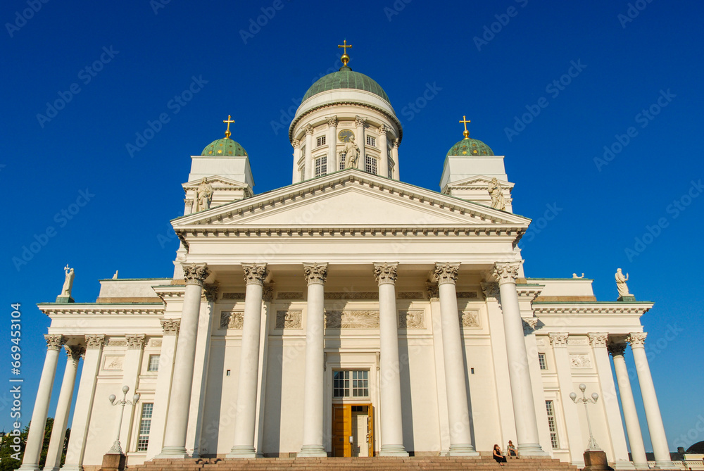 The front of Tuomiokirkko Helsinki Cathedral,  the Finnish Evangelical Lutheran cathedral of the Diocese of Helsinki