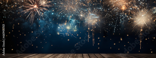Silvester 2024 party New year Fireworks Firework background banner panorama long - sparklers and bokeh lights on rustic black wooden texture, with space for text photo