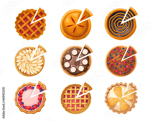 Sweet pies with slices set, top view vector illustration. Cartoon isolated bakery collection of healthy tarts with different filling, sliced fruit, chocolate or berry pies with portion pieces