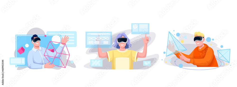 Virtual reality technology for working with digital projects set vector illustration. Cartoon male and female characters with VR glasses work with modern virtual interface, holograms of geometry form - obrazy, fototapety, plakaty 