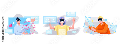 Virtual reality technology for working with digital projects set vector illustration. Cartoon male and female characters with VR glasses work with modern virtual interface, holograms of geometry form