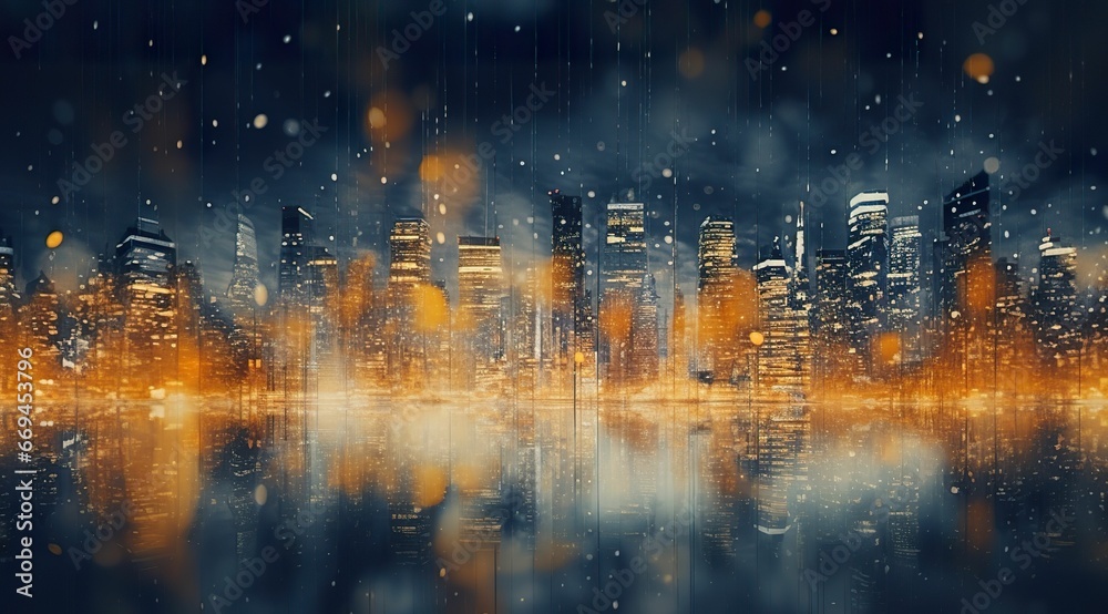 Surreal: city vista in blurry flickering golden lights, watercolor city vista, city macro view