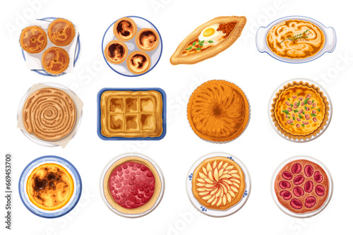 Pies set, top view vector illustration. Cartoon isolated different round pies collection with mince meat and sweet fruit filling and crust, spinach and cheese, traditional homemade or restaurant menu