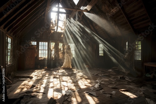 Inside the abandoned house, dust dancing in the sunlight that filters through the broken roof.