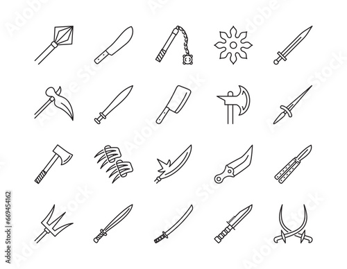 Set of melee weapon Related Line Icons. Linear collection symbols of knife, sword, axe.