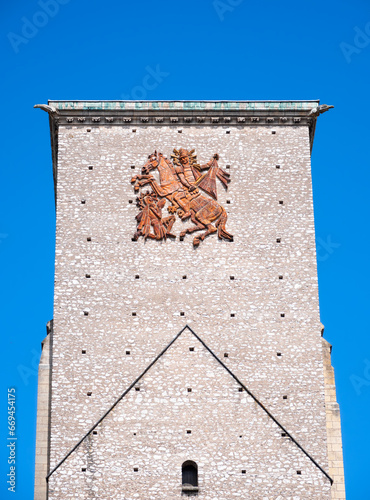 Tours, France - August 13, 2023: A relief of Saint Martin on the medieval tower of Charlemagne in Tours