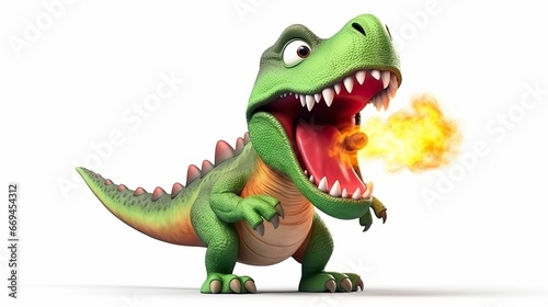 Surreal 3D: green cartoon tyrannosaurus rex with flames coming out of mouth on white background, angry dinosaur, fire-breathing dinosaur