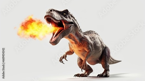 Surreal 3D: Tyrannosaurus rex with flames coming from its mouth on white background, angry dinosaur, fire-breathing dinosaur © yuanfeng Z