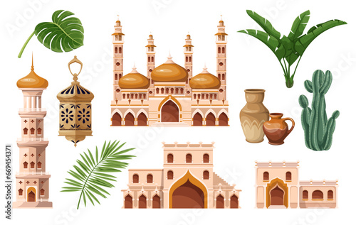 Middle East architecture and Arab culture elements set vector illustration. Cartoon isolated old house and mosque, castle and ancient building of Arab city, islamic lantern with ornament and jug