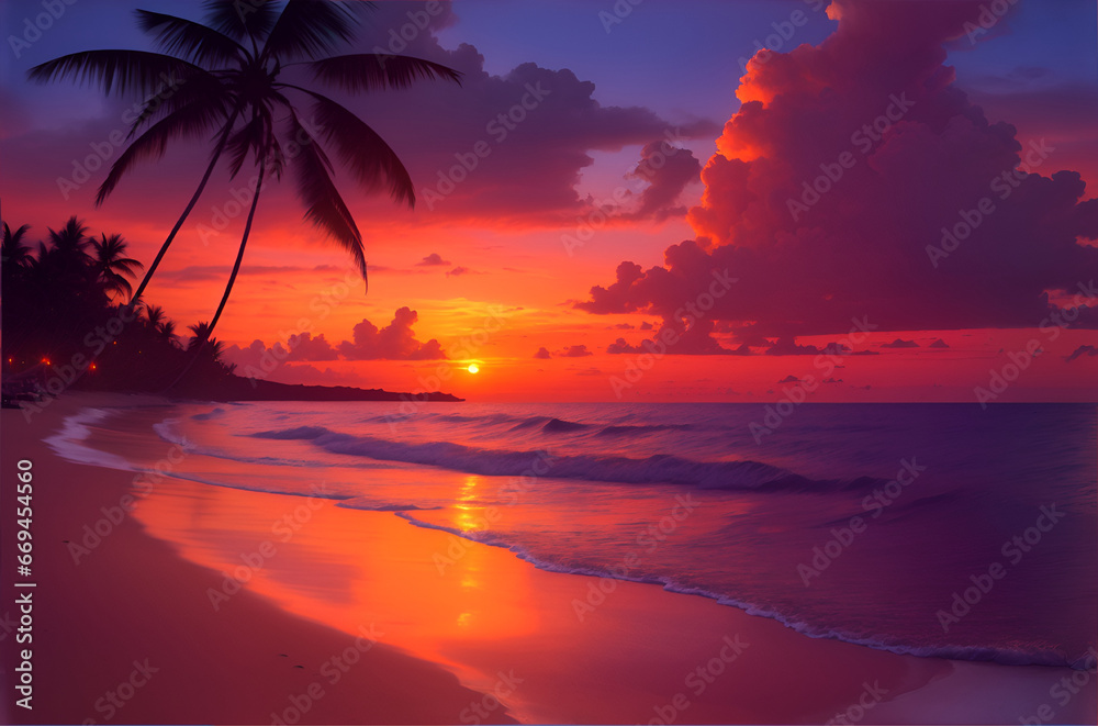 A breathtaking sunset over a tropical beach, The waves crash gently on the shore, and the sand is glistening in the sunlight