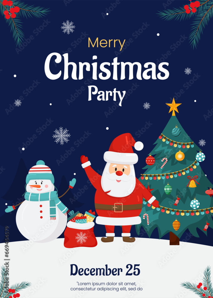 Obraz premium Vector merry Christmas and New Year poster, greeting card template. Invitation on Christmas party. Christmas tree, santa Claus, gift boxes, snowman on blue background. Flyer for holiday event.