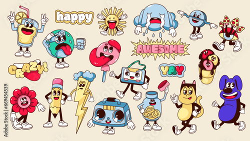 Groovy retro stickers set vector illustration. Cartoon isolated retro rave or hippie party characters, crazy mascot of psychedelic acid trip and patches with positive hippy slogans and elements
