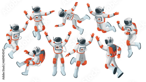 Astronauts flying in zero gravity set vector illustration. Cartoon isolated cosmonaut in spacesuit and helmet floating in weightlessness in different poses, astronauts dancing, greeting with hand up
