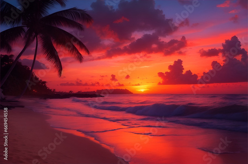A breathtaking sunset over a tropical beach, The waves crash gently on the shore, and the sand is glistening in the sunlight © Noboru