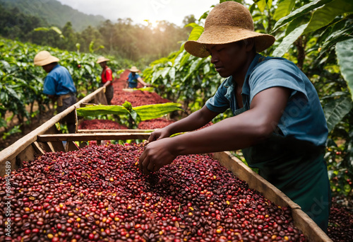 raw Red coffee beans in farmer hand. group of people Colombian farmers working at a coffee farm. farmers team collecting green coffee beans at a brazilian farm in big basket, box. generative ai photo