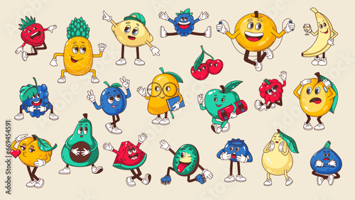 Groovy fruit and berry characters set vector illustration. Cartoon isolated Y2K retro funky fruit mascot stickers with pineapple banana watermelon apple peach strawberry lemon blackberry raspberry fig