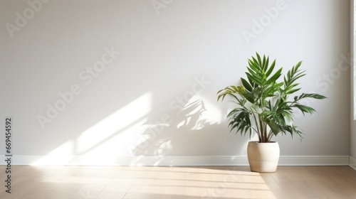 minimalistic abstract background flower on the floor in an empty room and bright light from the window