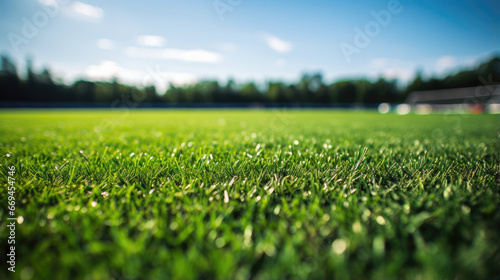 soccer field with green grass in stadium, low view
