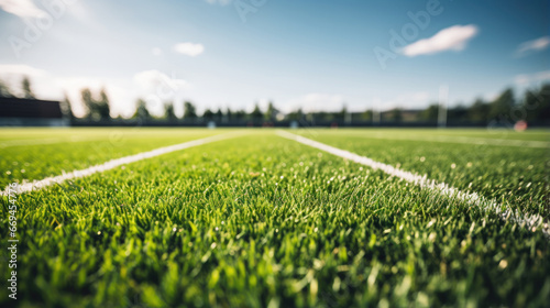 soccer field with green grass in stadium, low view