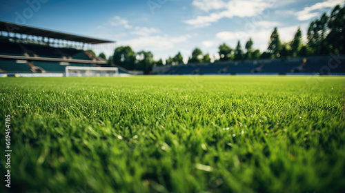 Football field with green grass in stadium, low view