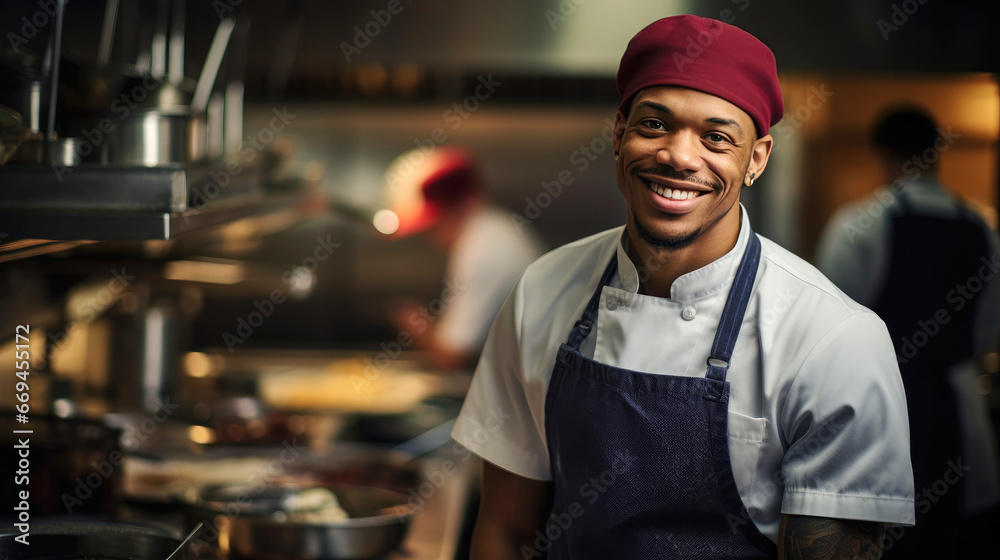 Handsome chef wearing white chef uniform and apron in kitchen, smiling at camera Handsome chef wearing white chef uniform and apron in kitchen, smiling at camera